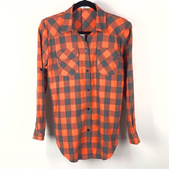 zeagoo Tops - Genhoo Womens Orange & Gray Plaid Flannel Roll Up Long Sleeve Shirt